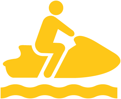 Yellow silhouette of a person riding a jet ski on a wavy white background