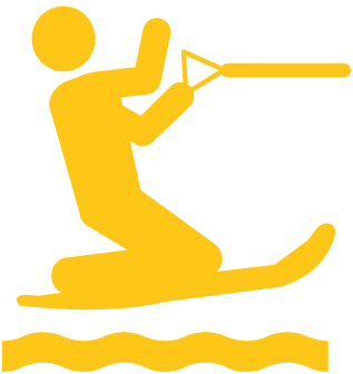 The image depicts a stylized yellow figure on a white background, engaging in water skiing